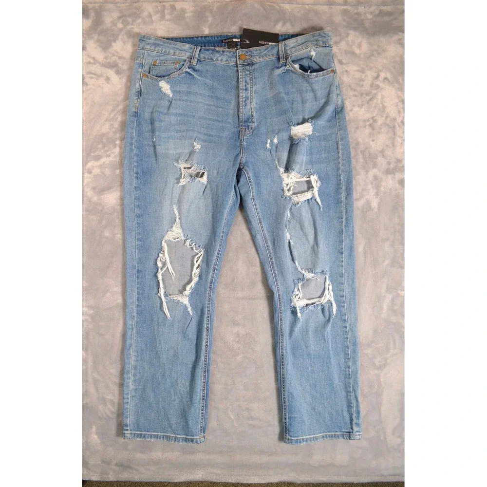 Fashion Nova Sandra Boyfriend Jeans Button Fly Womens 18 Ripped Distressed Nwt's